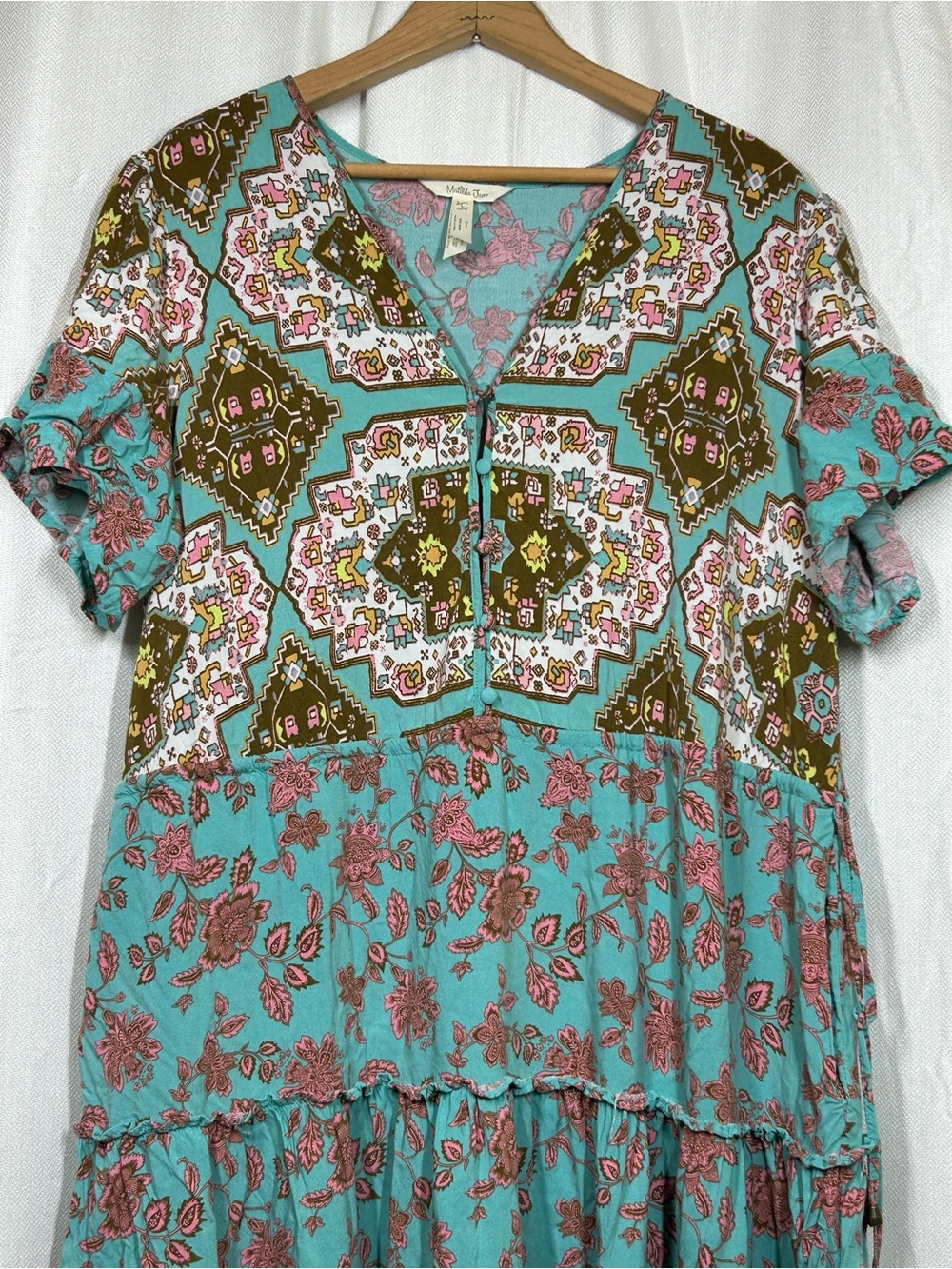 Matilda Jane Down To Earth Dress Teal Brown Size Large Boho Tiered Pockets - Picture 3 of 10